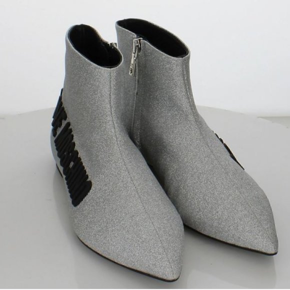 Brand New Women's Sz 38 M Love Moschino Argento Glitter Pointed Toe Booties - Picture 5 of 6